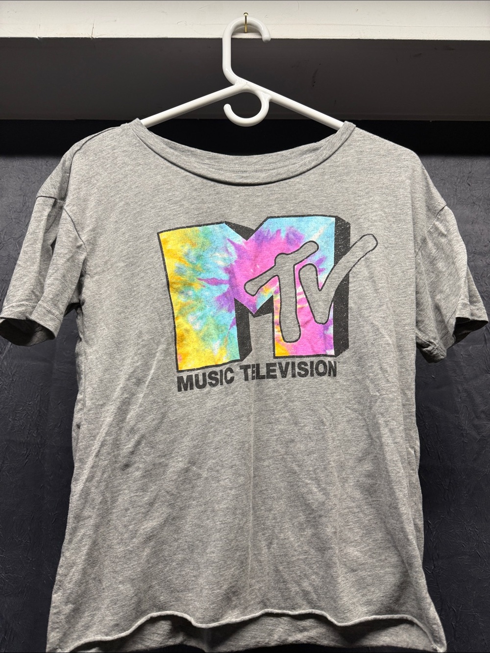 MTV Gray Tee with Yellow Blue Pink Tie-Dye Logo